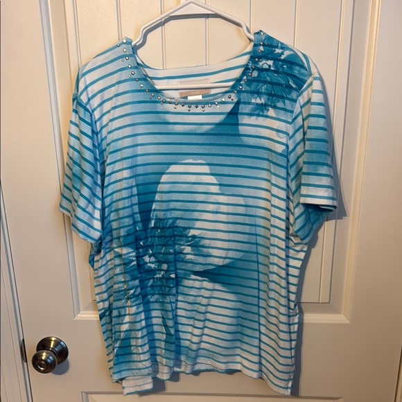 Alfred dunner Blue Striped T-Shirt with Studded Neckline 1X - Picture 1 of 4
